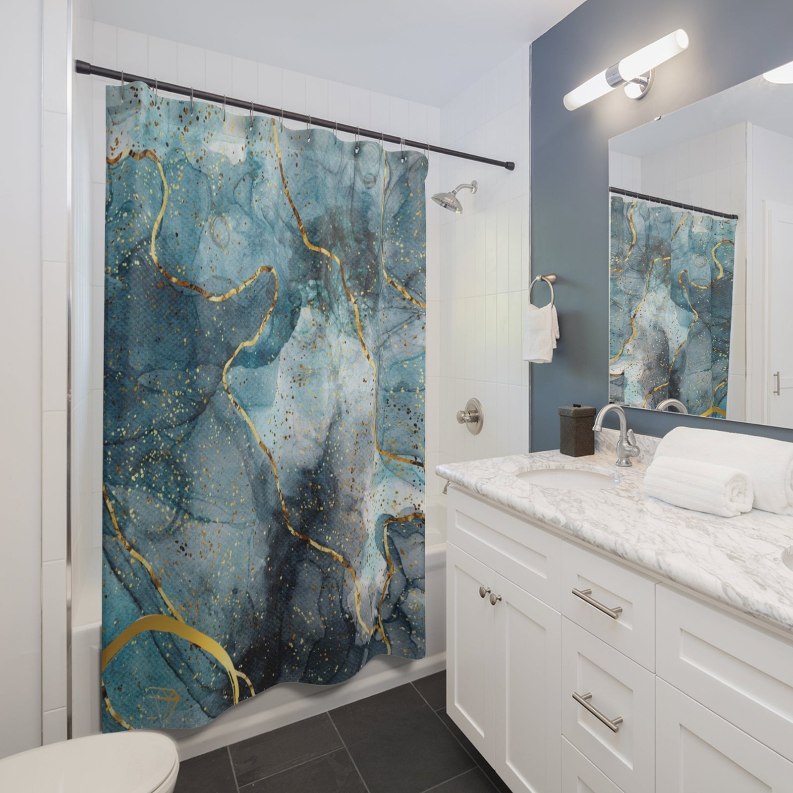 Elegant Abstract Shower Curtain, Boho Bathroom Decor, Blue Gold Home Accent, Gift for Her, Spa Vibes, Modern Interior - Image 3