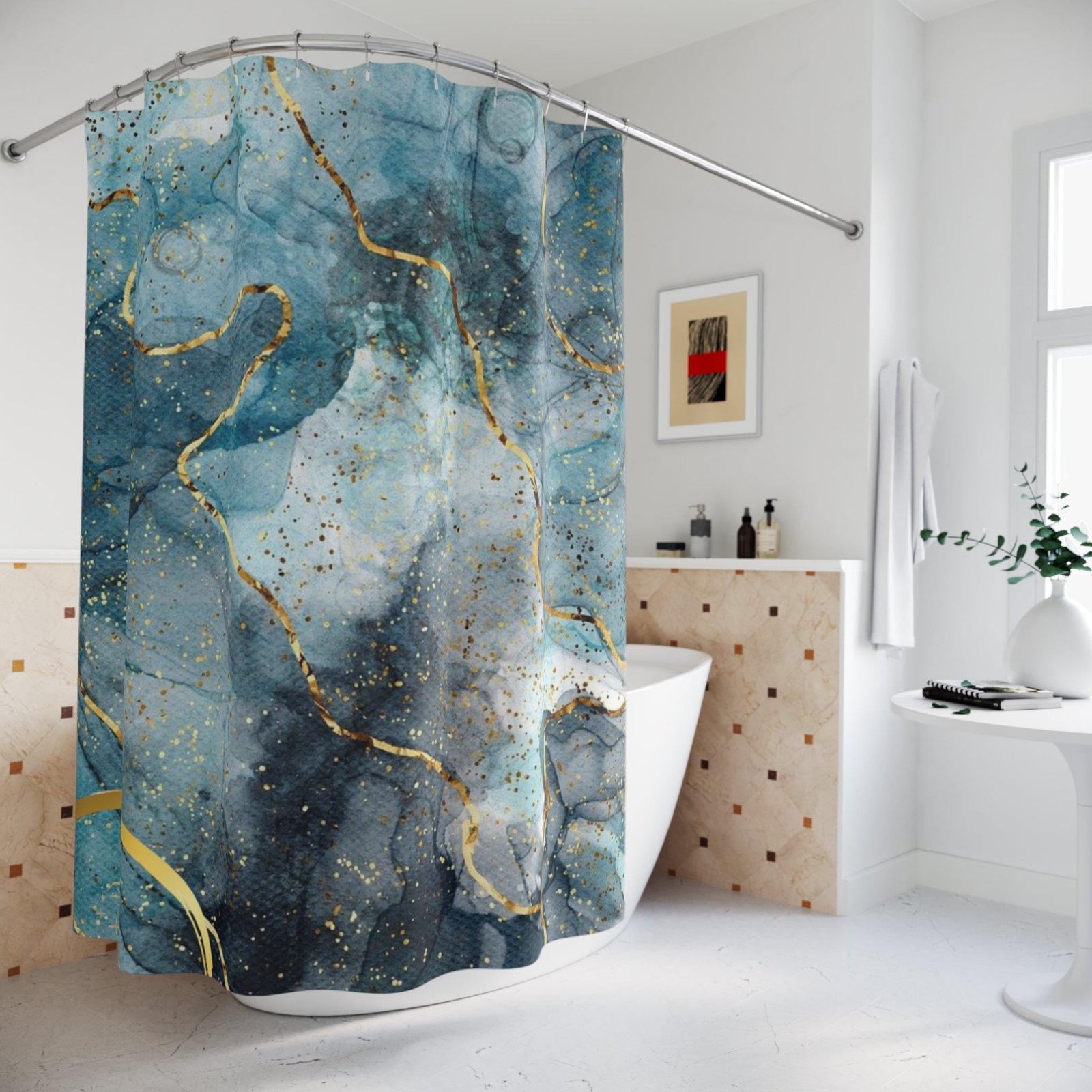 Elegant Abstract Shower Curtain, Boho Bathroom Decor, Blue Gold Home Accent, Gift for Her, Spa Vibes, Modern Interior - Image 4