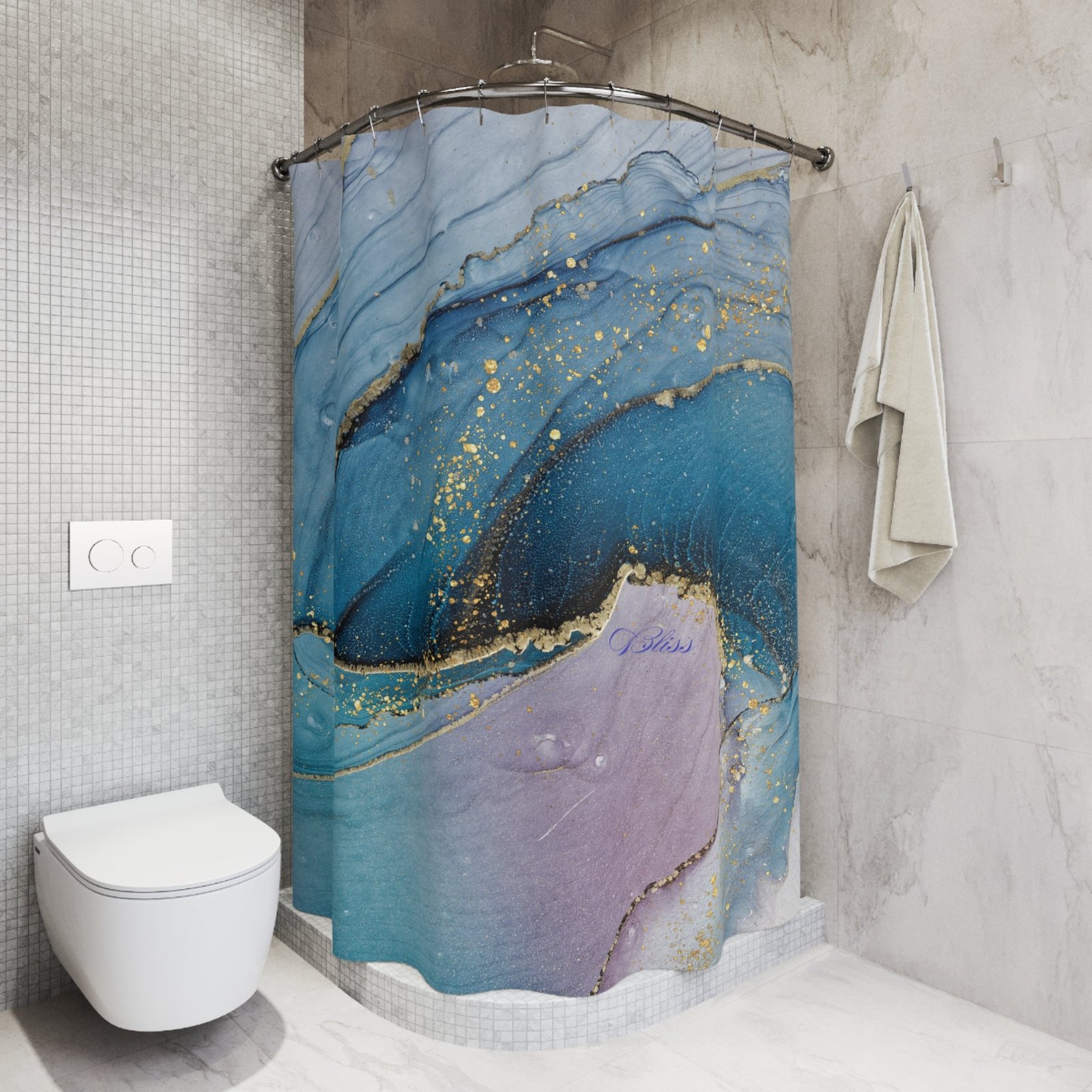 Elegant Abstract Shower Curtain with Gold Accents, Luxurious Bathroom Decor, Modern Coastal Theme, Gift for Homeowners - Image 5