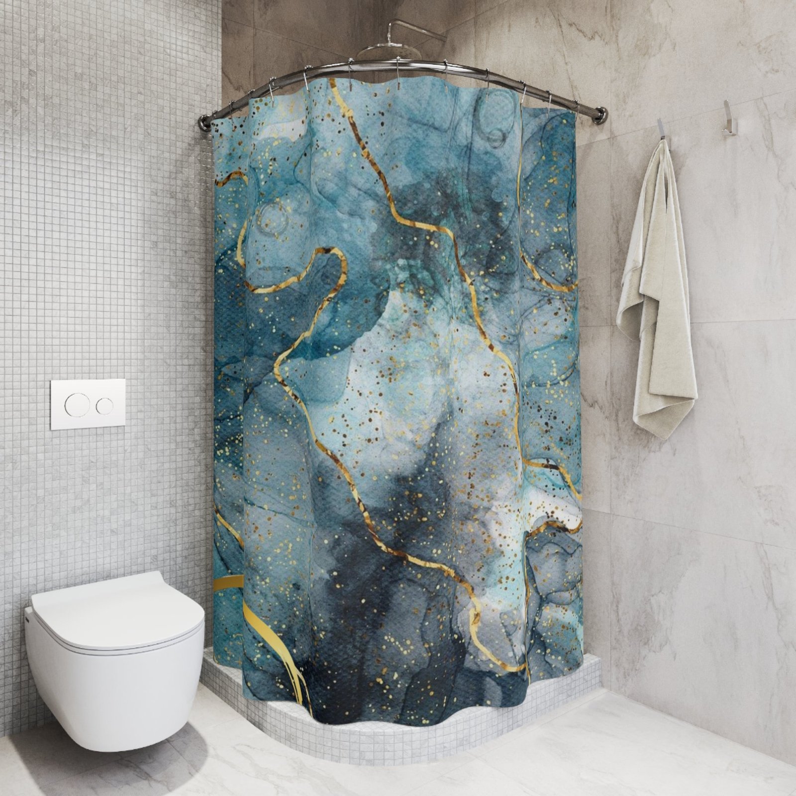 Elegant Abstract Shower Curtain, Boho Bathroom Decor, Blue Gold Home Accent, Gift for Her, Spa Vibes, Modern Interior - Image 5