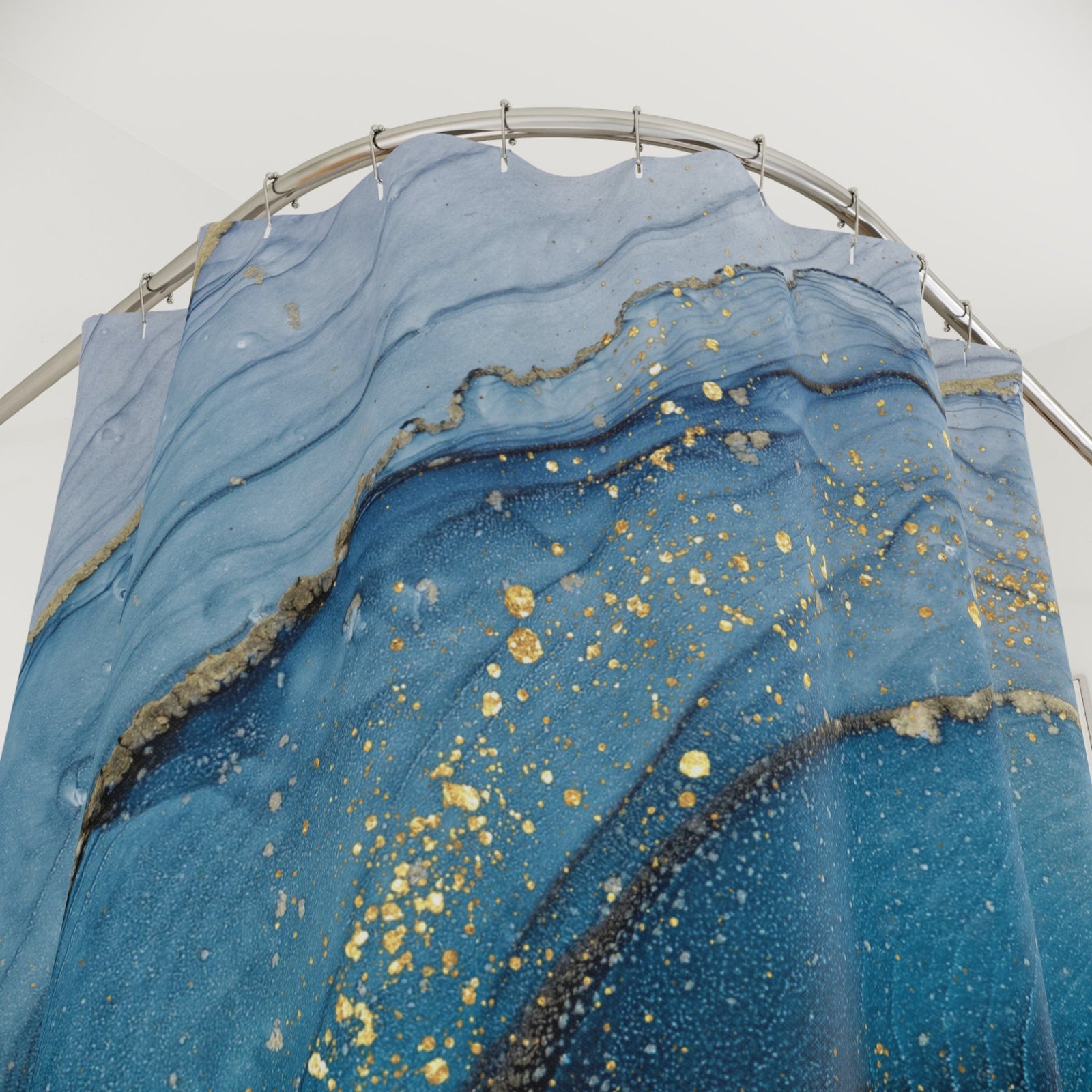 Elegant Abstract Shower Curtain with Gold Accents, Luxurious Bathroom Decor, Modern Coastal Theme, Gift for Homeowners - Image 2