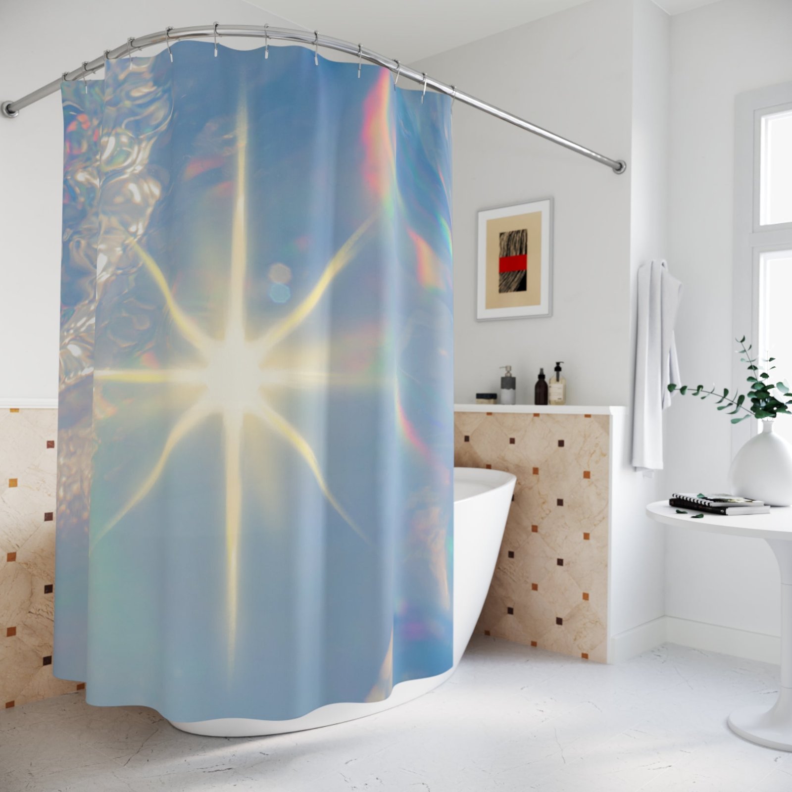 Iridescent Starburst Shower Curtain, Modern Bathroom Decor, Bright Light Vibe, Bohemian Home, Gift for New Homeowners - Image 4