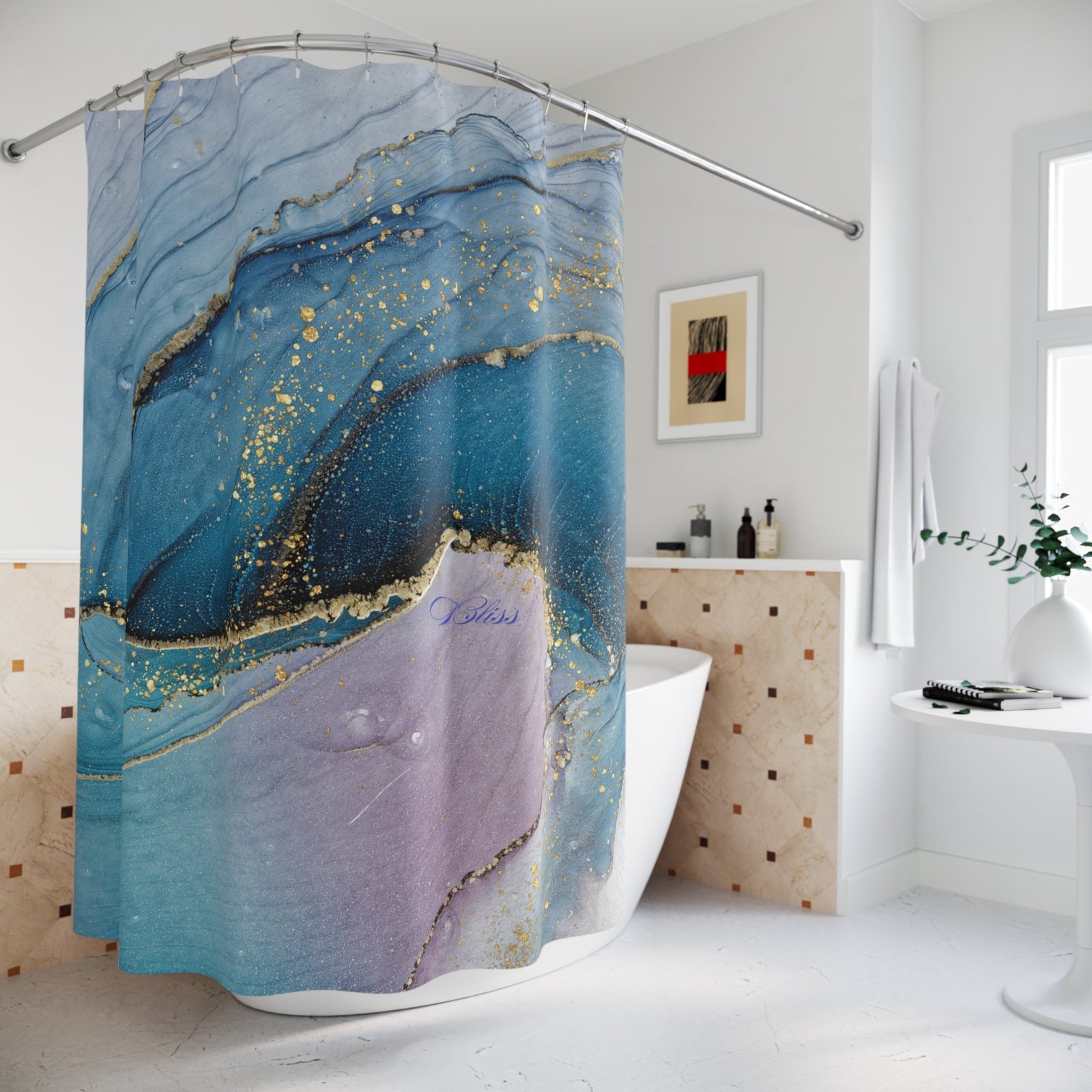 Elegant Abstract Shower Curtain with Gold Accents, Luxurious Bathroom Decor, Modern Coastal Theme, Gift for Homeowners - Image 4