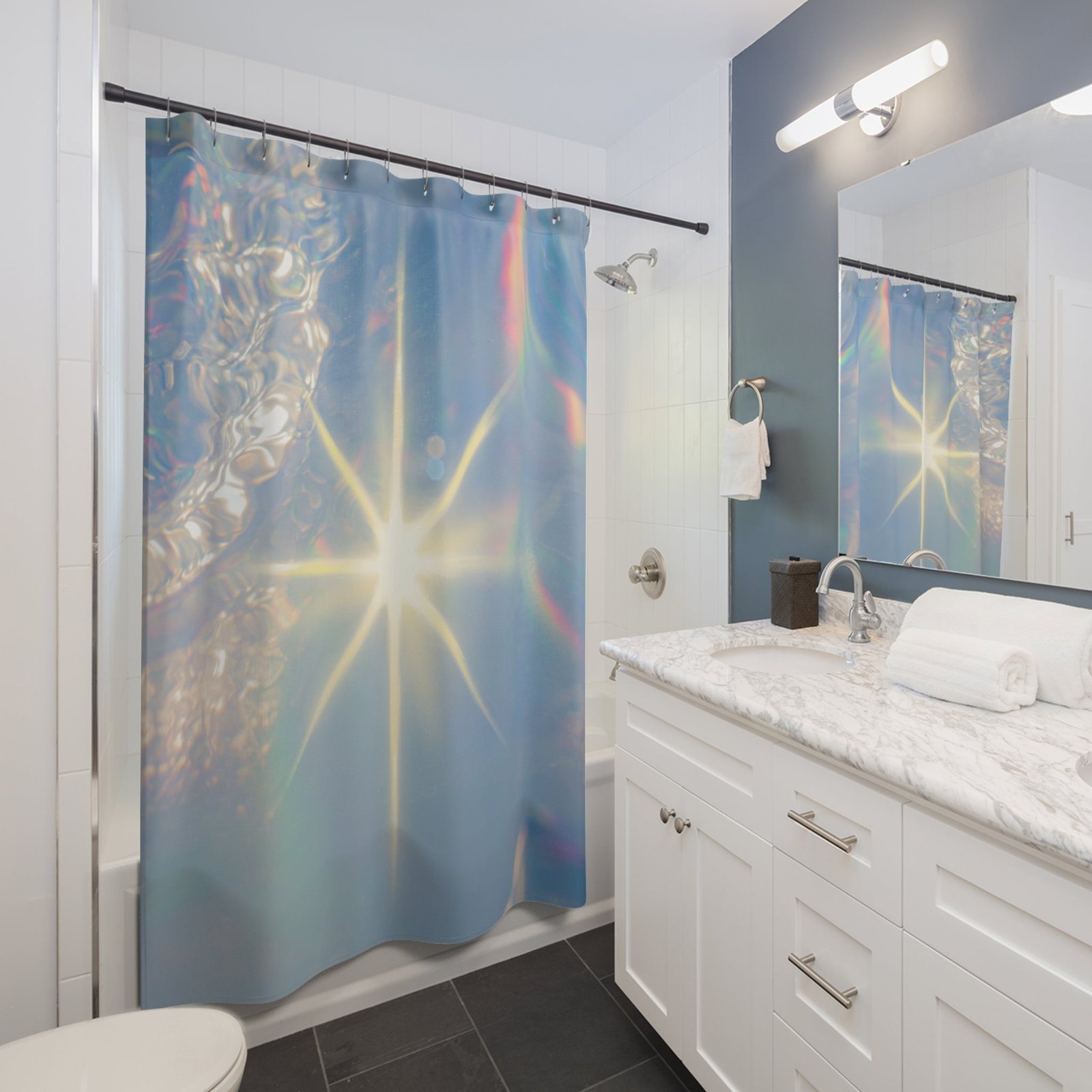 Iridescent Starburst Shower Curtain, Modern Bathroom Decor, Bright Light Vibe, Bohemian Home, Gift for New Homeowners - Image 3