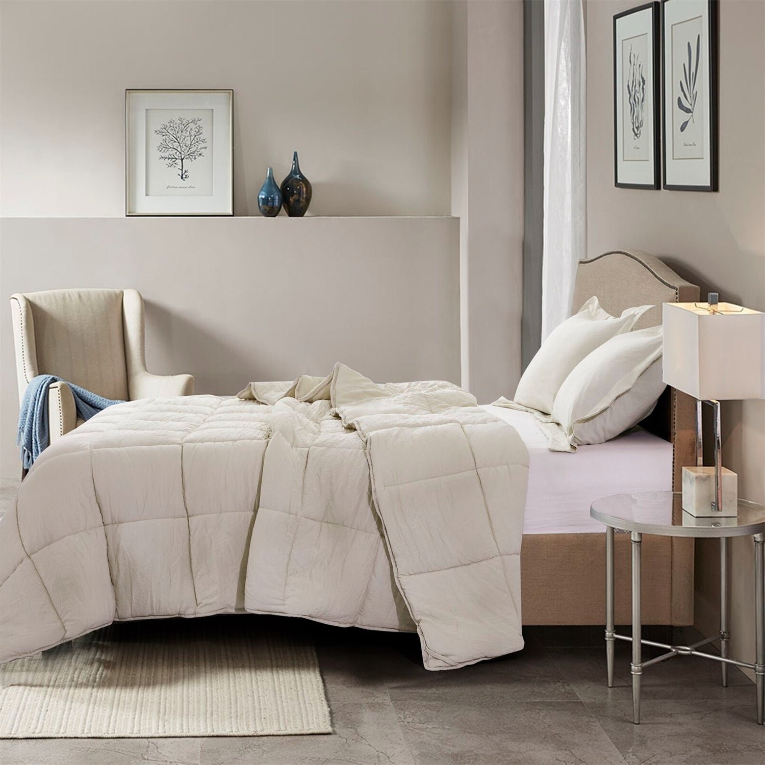 Queen Size Beige 3 Piece Microfiber Reversible Comforter Set - Image 2
