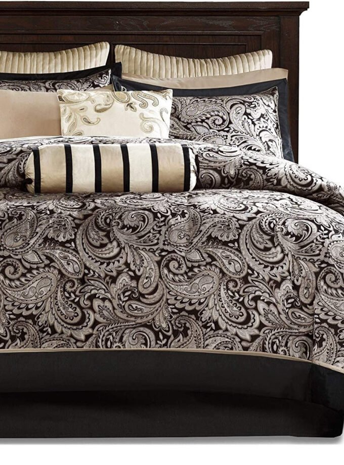 Queen 12 Piece Cotton Polyester Comforter Set Black Gold Paisley