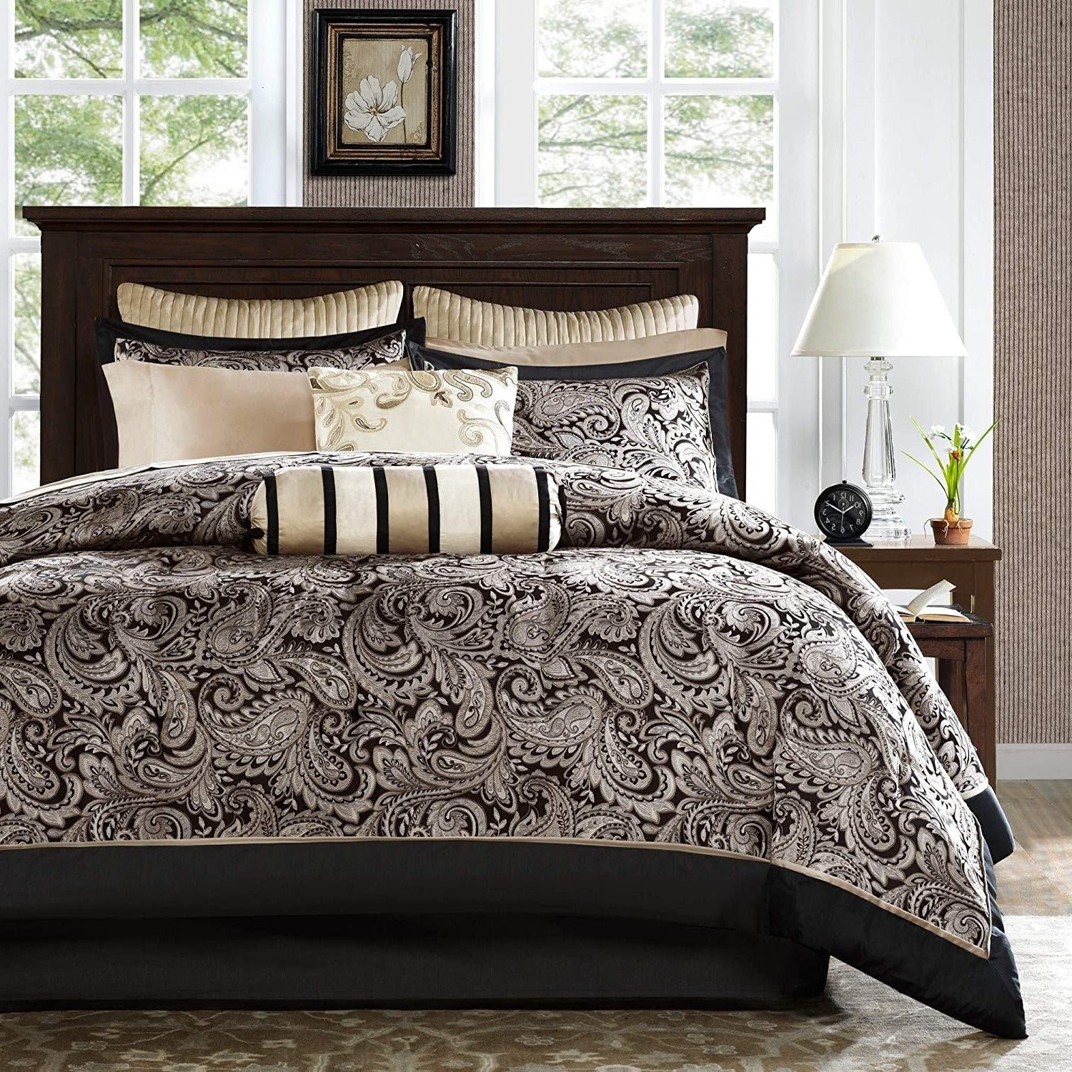 Queen 12 Piece Cotton Polyester Comforter Set Black Gold Paisley - Image 2