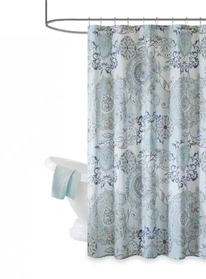 72-inch Cotton Shower Curtain with Blue Watercolor Paisley Floral Motif