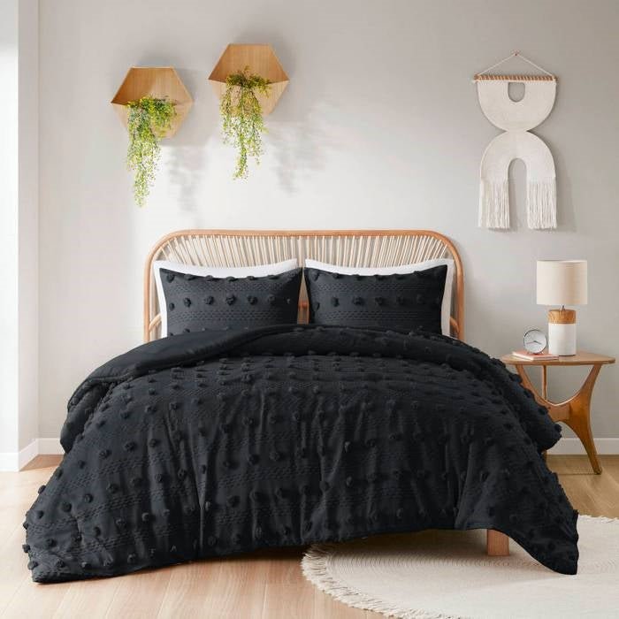 Full/Queen 3 Piece Pompom Microfiber Hypoallergenic Comforter Set in Black - Image 2