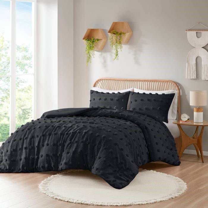 Full/Queen 3 Piece Pompom Microfiber Hypoallergenic Comforter Set in Black - Image 3