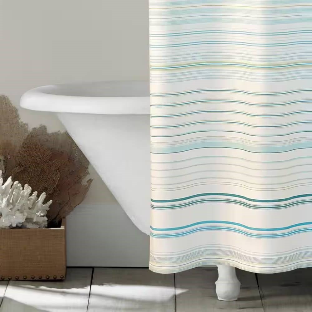 72-inch Sea Breeze Blue Green White Cabana Stripe Cotton Shower Curtain - Image 3