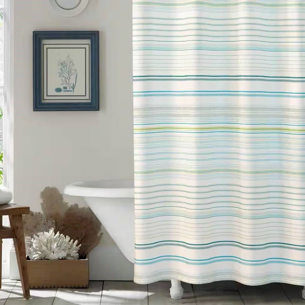 72-inch Sea Breeze Blue Green White Cabana Stripe Cotton Shower Curtain - Image 4
