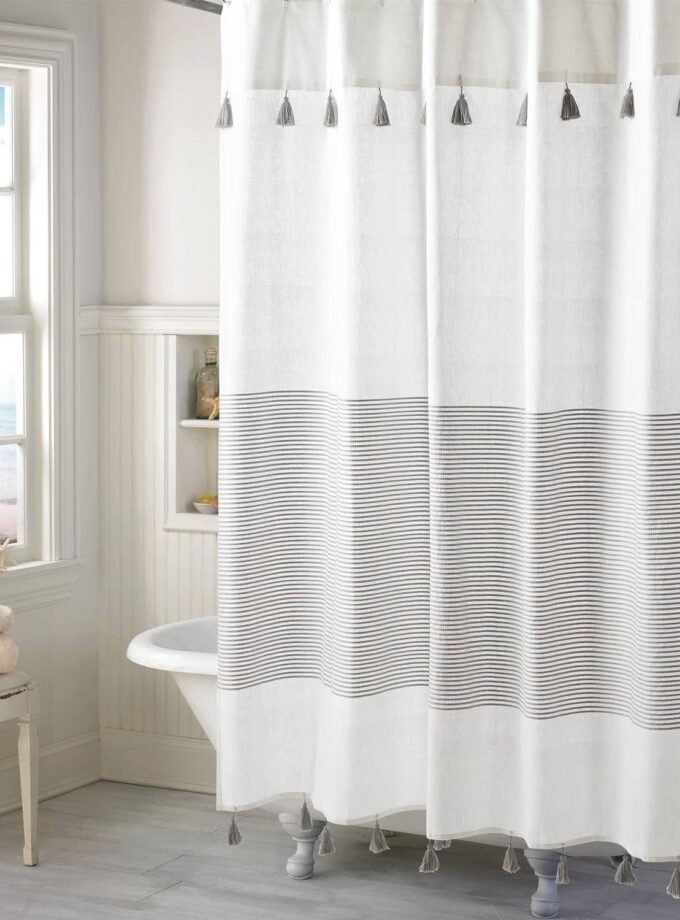 72-inch Grey and White Stripes Cotton Shower Curtain with Tassels