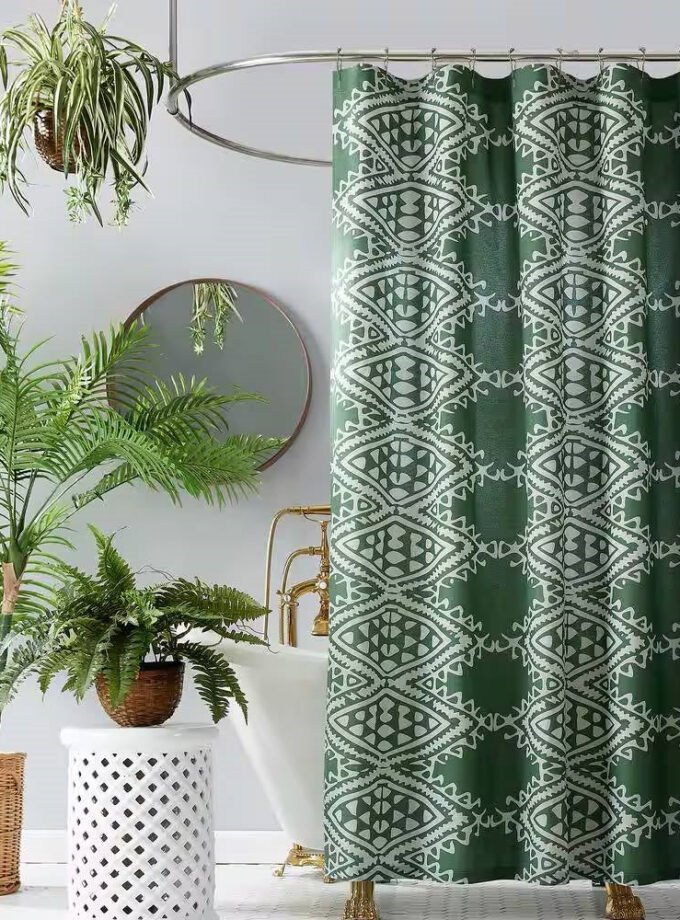 72 x 72 inch Cotton Poly Shower Curtain with Green White Geometric Motif Pattern