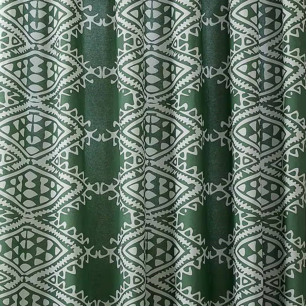 72 x 72 inch Cotton Poly Shower Curtain with Green White Geometric Motif Pattern - Image 2