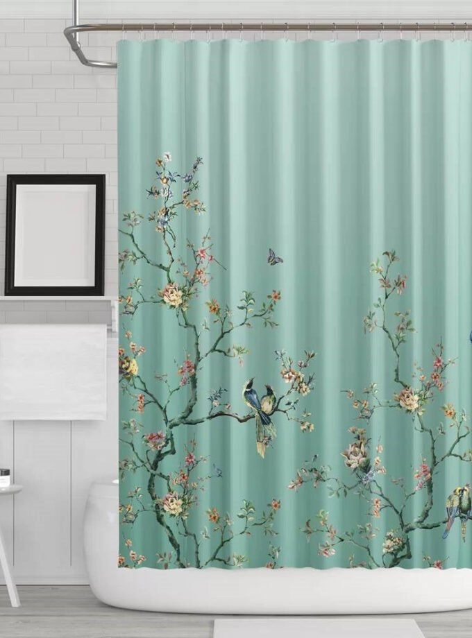 72-in. Teal Blue Green Floral Tree Bird Butterfly Japanese Style Shower Curtain