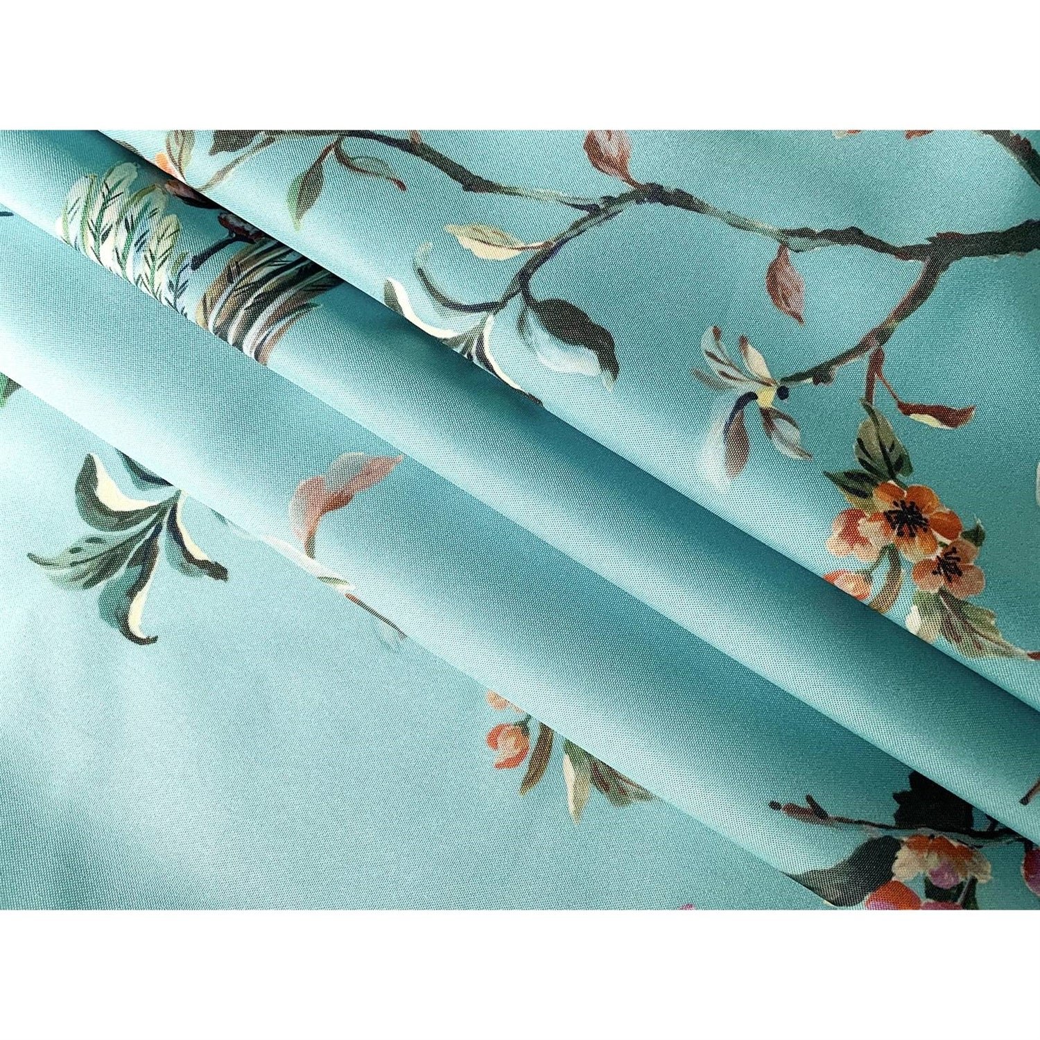 72-in. Teal Blue Green Floral Tree Bird Butterfly Japanese Style Shower Curtain - Image 3