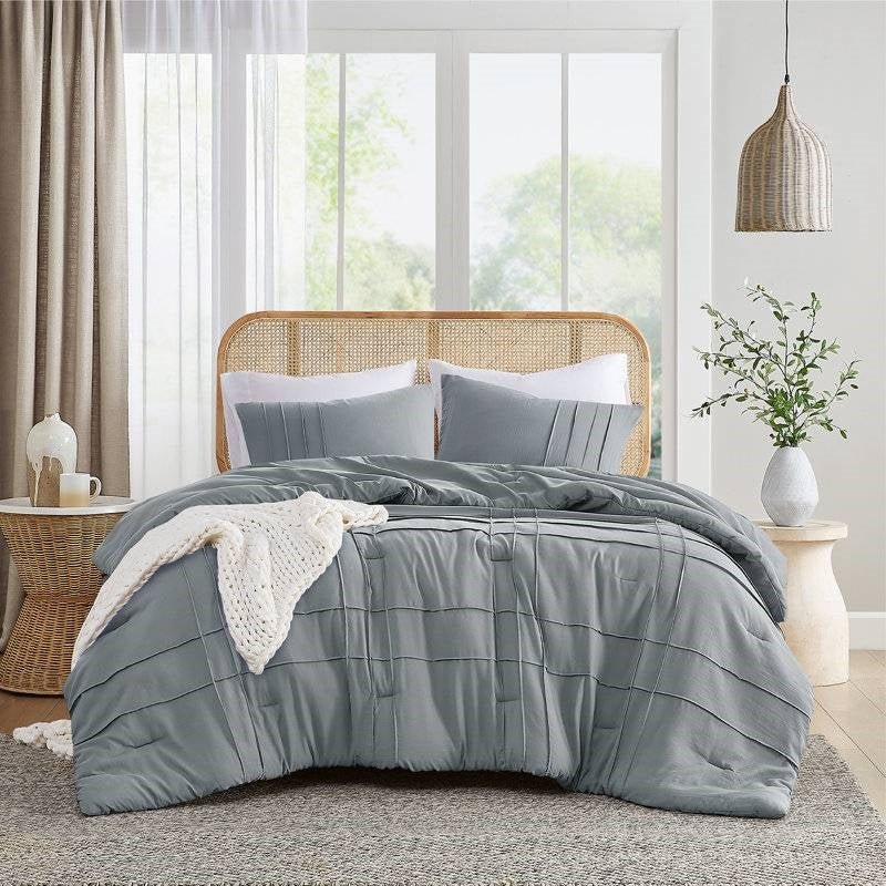 Full/Queen size Pleated Pre-Washed Microfiber Comforter Set in Blue Grey - Image 2