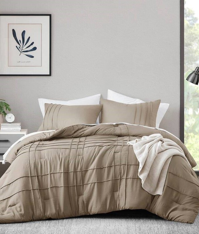 Queen size Microfiber Pleated Soft Lightweight Comforter Set Tan Khaki Taupe