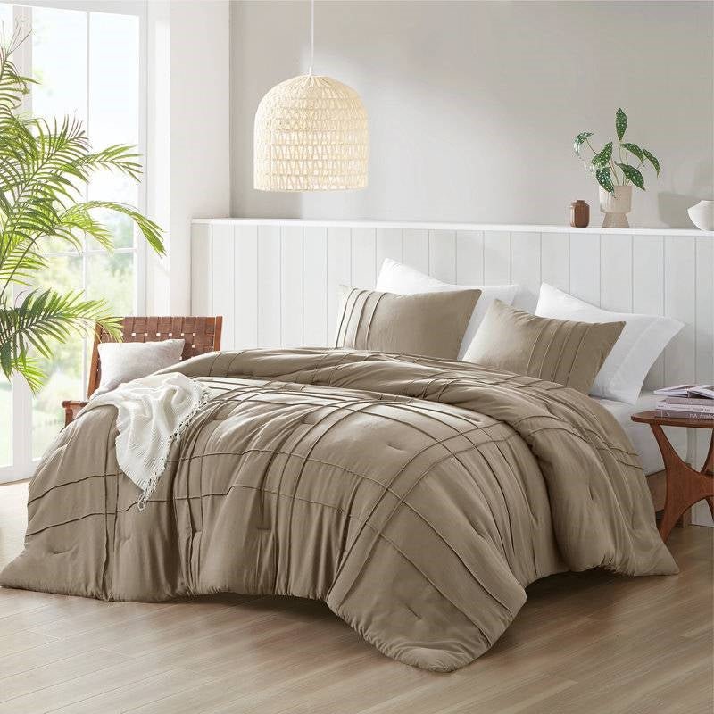 Queen size Microfiber Pleated Soft Lightweight Comforter Set Tan Khaki Taupe - Image 2