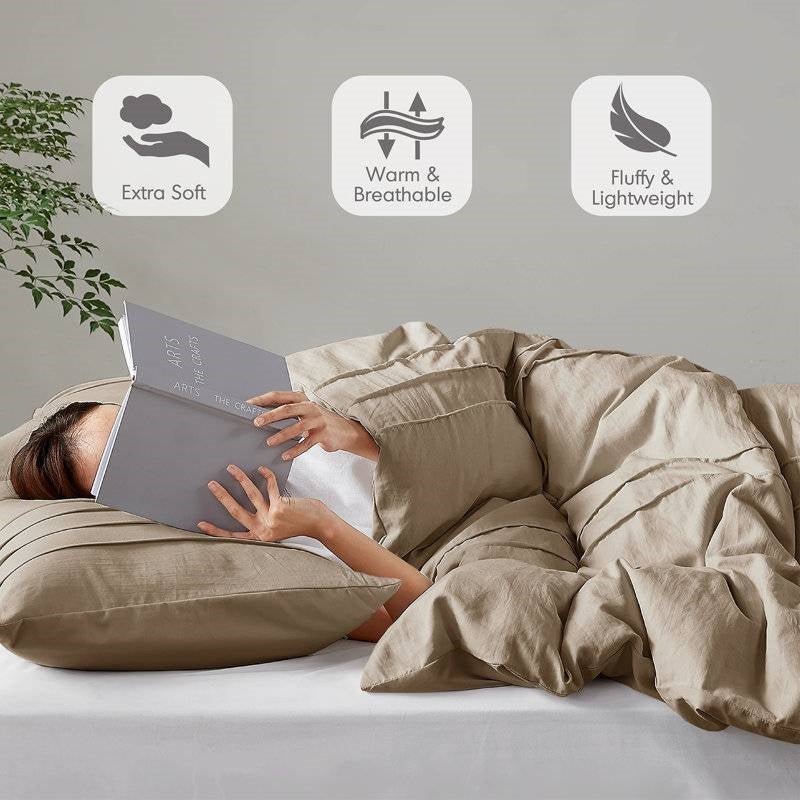 King size Microfiber Pleated Soft Lightweight Comforter Set Tan Khaki Taupe - Image 4
