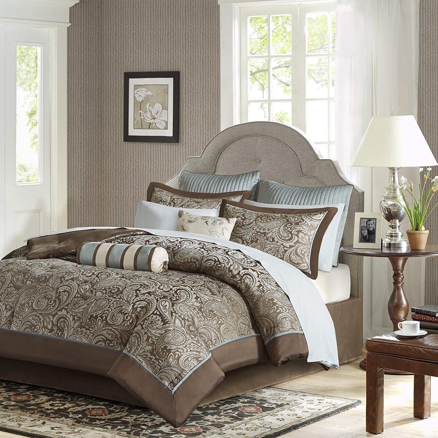 King 12 Piece Cotton Polyester Comforter Set Blue Paisley - Image 2