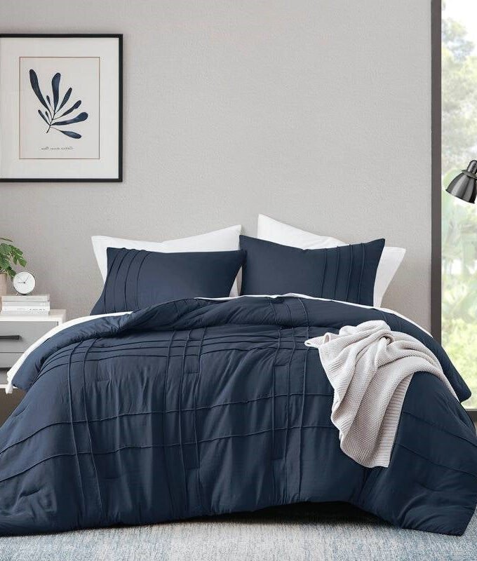 Twin/Twin XL Microfiber Pleated Bohemian style Pre-Washed Comforter Set in Navy
