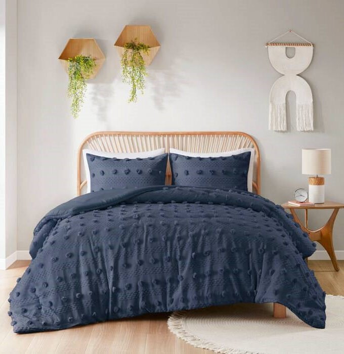 Twin/Twin XL 2 Piece Navy Pompom Microfiber Hypoallergenic Comforter Set