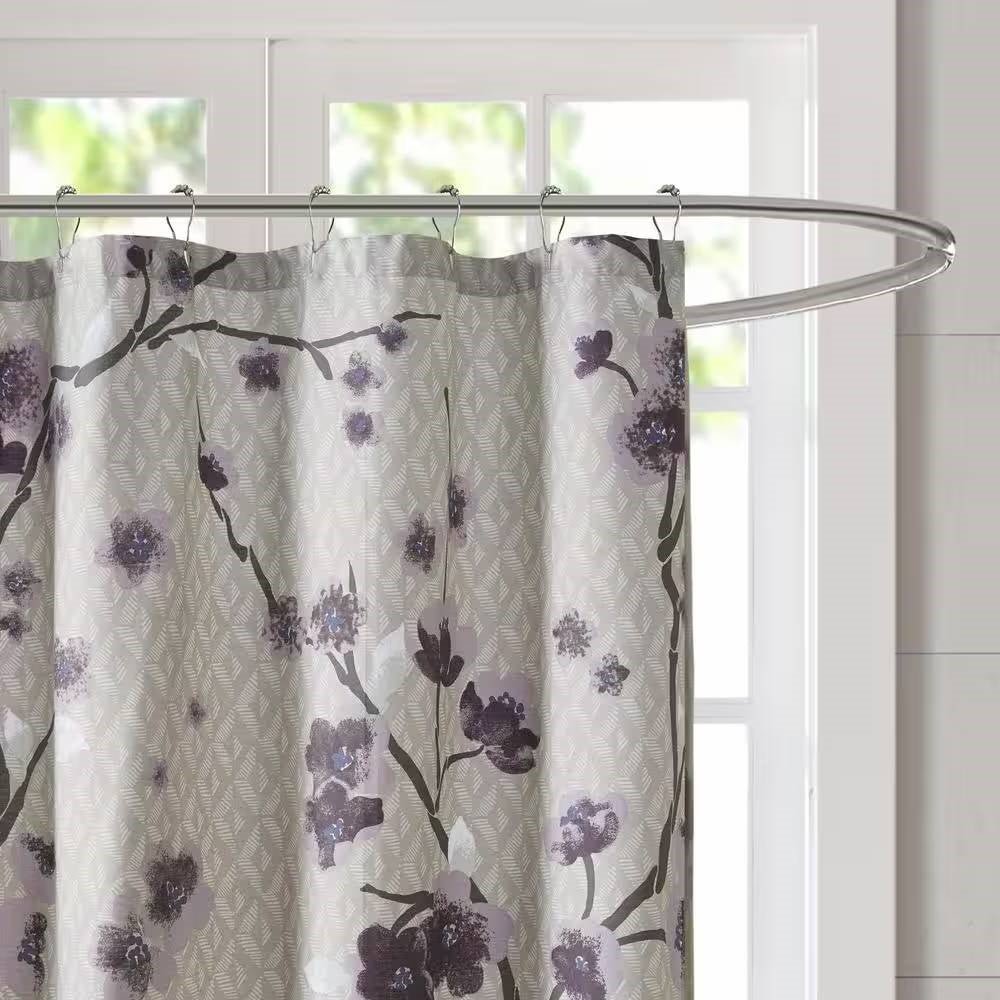 72 x 72 in Cotton Shower Curtain with Purple Grey Beige Floral Blossom Pattern - Image 2