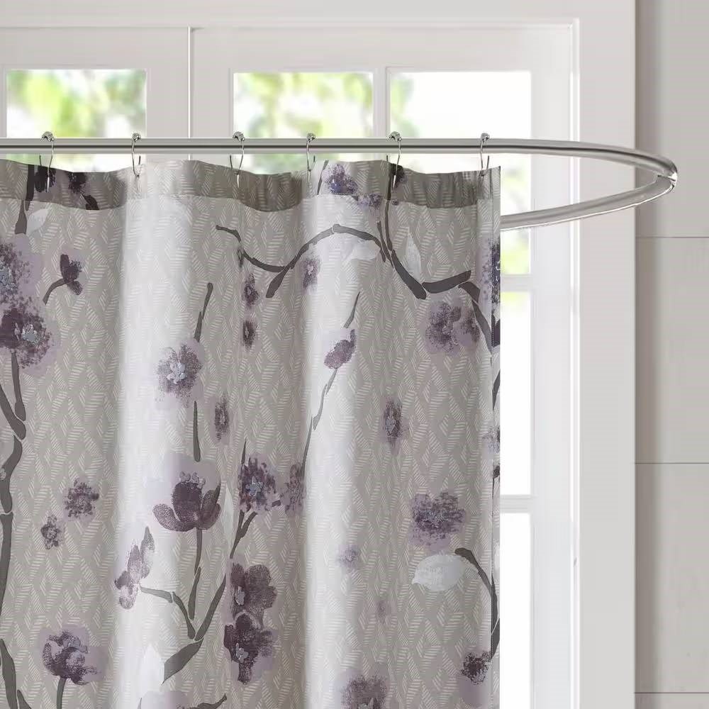 72 x 72 in Cotton Shower Curtain with Purple Grey Beige Floral Blossom Pattern - Image 3