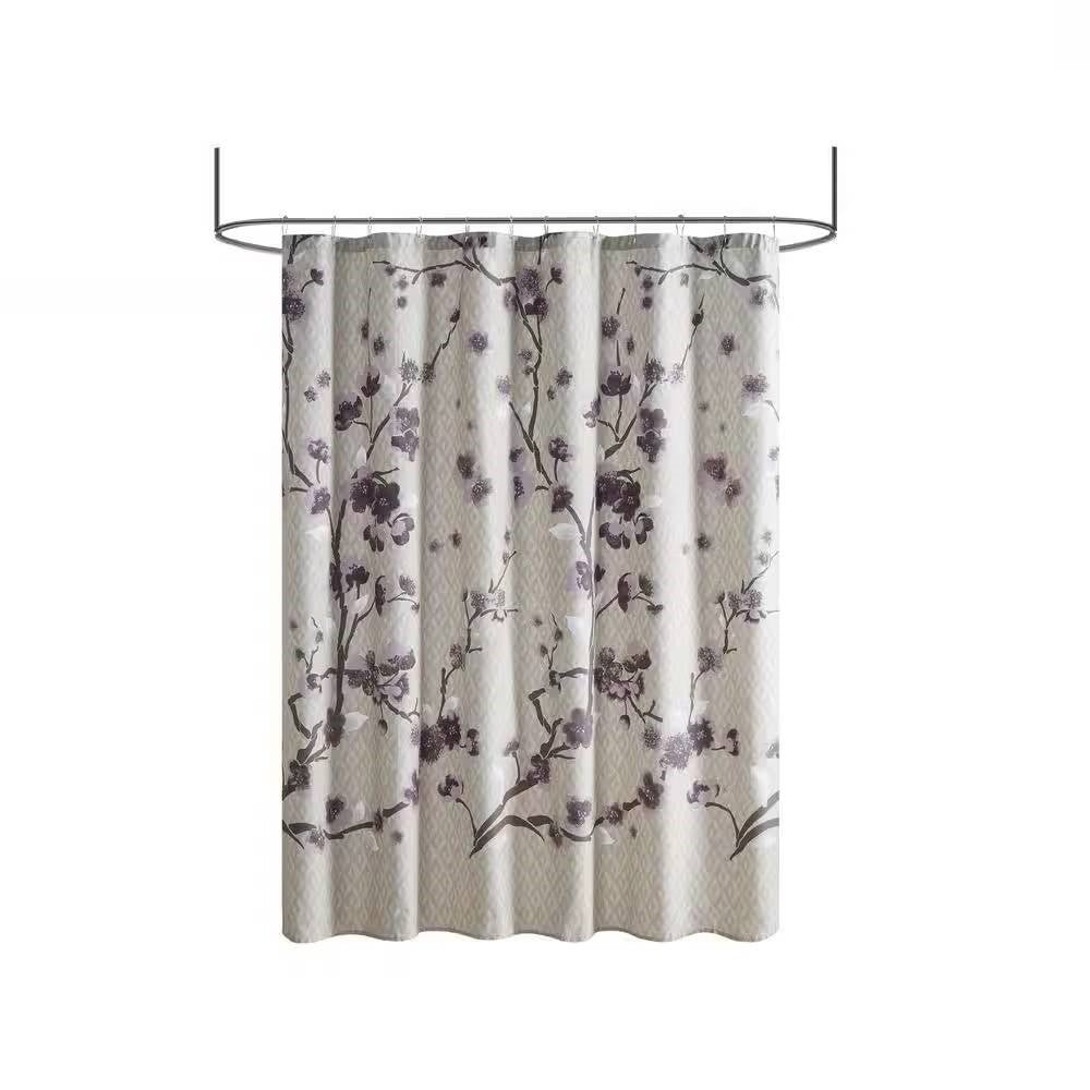72 x 72 in Cotton Shower Curtain with Purple Grey Beige Floral Blossom Pattern - Image 5