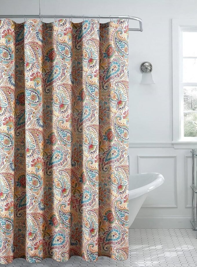 72-in. Paisley Polyester Fabric Shower Curtain in Vibrant Teal Red Yellow White