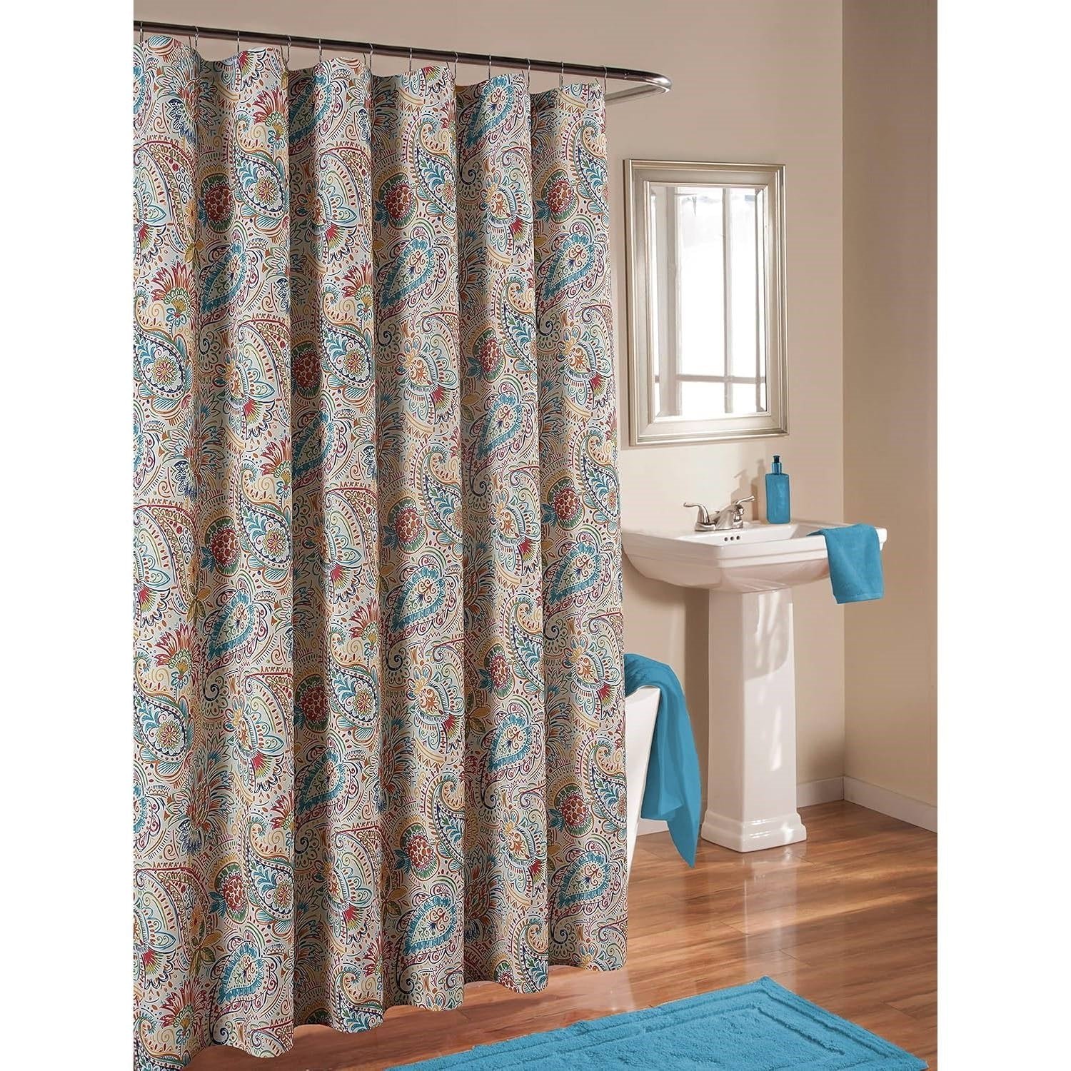 72-in. Paisley Polyester Fabric Shower Curtain in Vibrant Teal Red Yellow White - Image 2