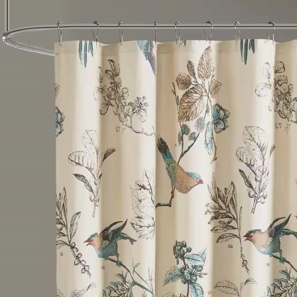 72-inch Beige Khaki Cotton Shower Curtain with Vintage Birds Leaf Floral Print - Image 2