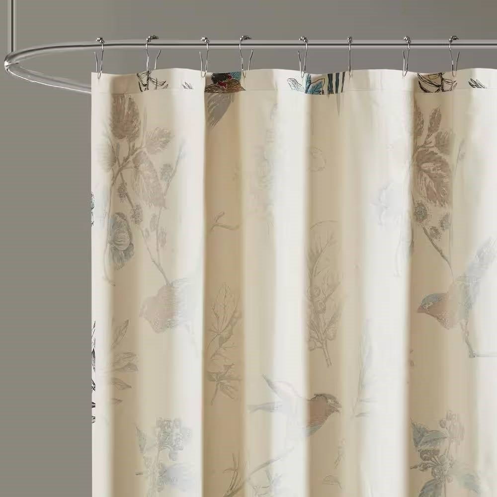 72-inch Beige Khaki Cotton Shower Curtain with Vintage Birds Leaf Floral Print - Image 3
