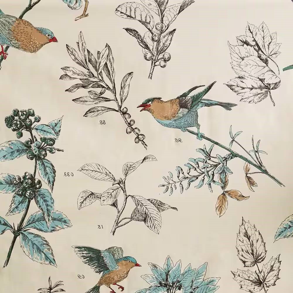 72-inch Beige Khaki Cotton Shower Curtain with Vintage Birds Leaf Floral Print - Image 4