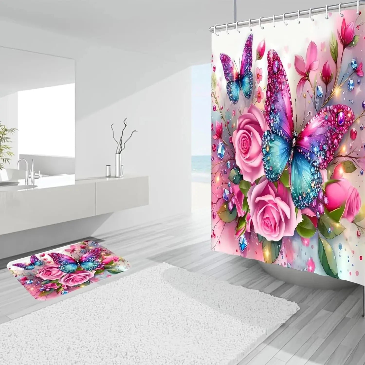 4Pc Pink Glitter Floral Shower Curtain Set Rose Bathroom Sets Butterfly Diamond Shower Curtain with 12 Hooks Bathroom Decor with - Image 3