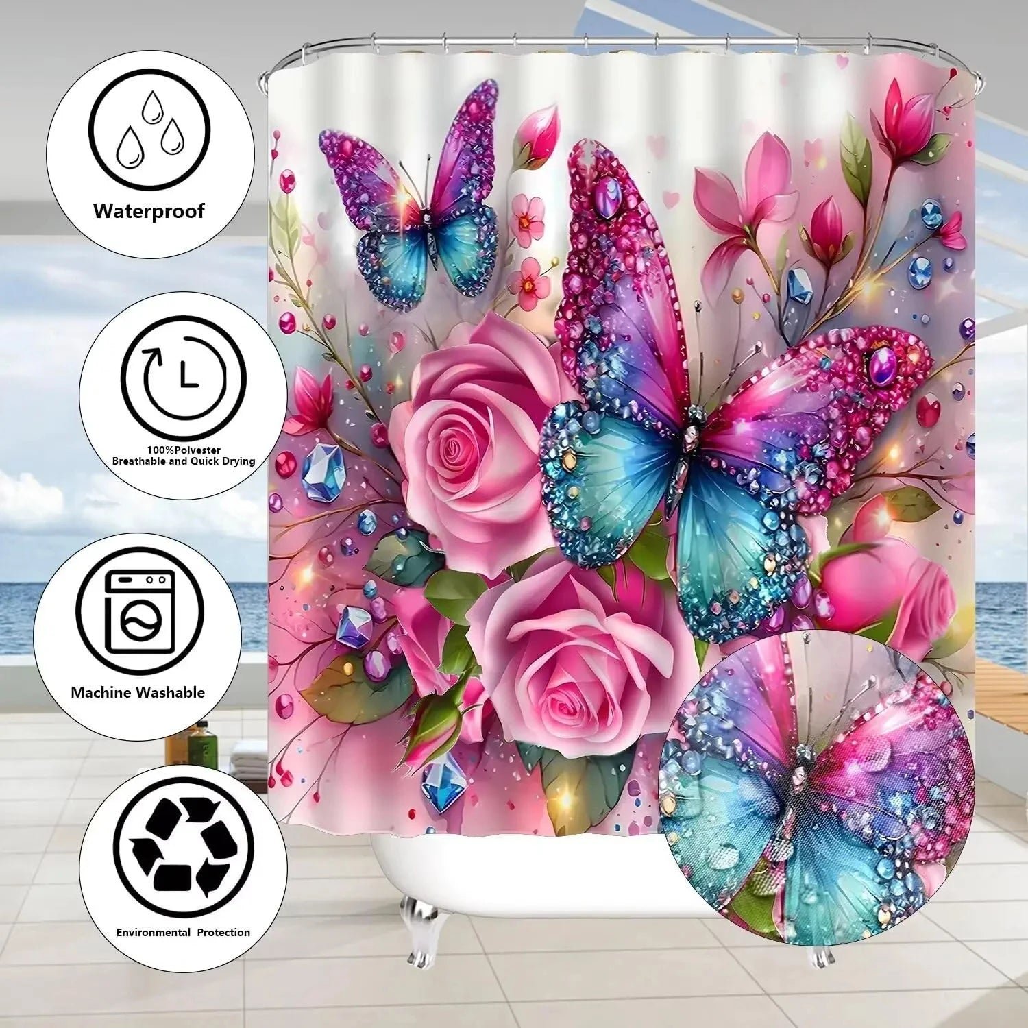 4Pc Pink Glitter Floral Shower Curtain Set Rose Bathroom Sets Butterfly Diamond Shower Curtain with 12 Hooks Bathroom Decor with - Image 7