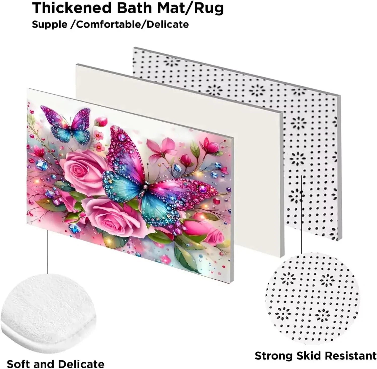 4Pc Pink Glitter Floral Shower Curtain Set Rose Bathroom Sets Butterfly Diamond Shower Curtain with 12 Hooks Bathroom Decor with - Image 8
