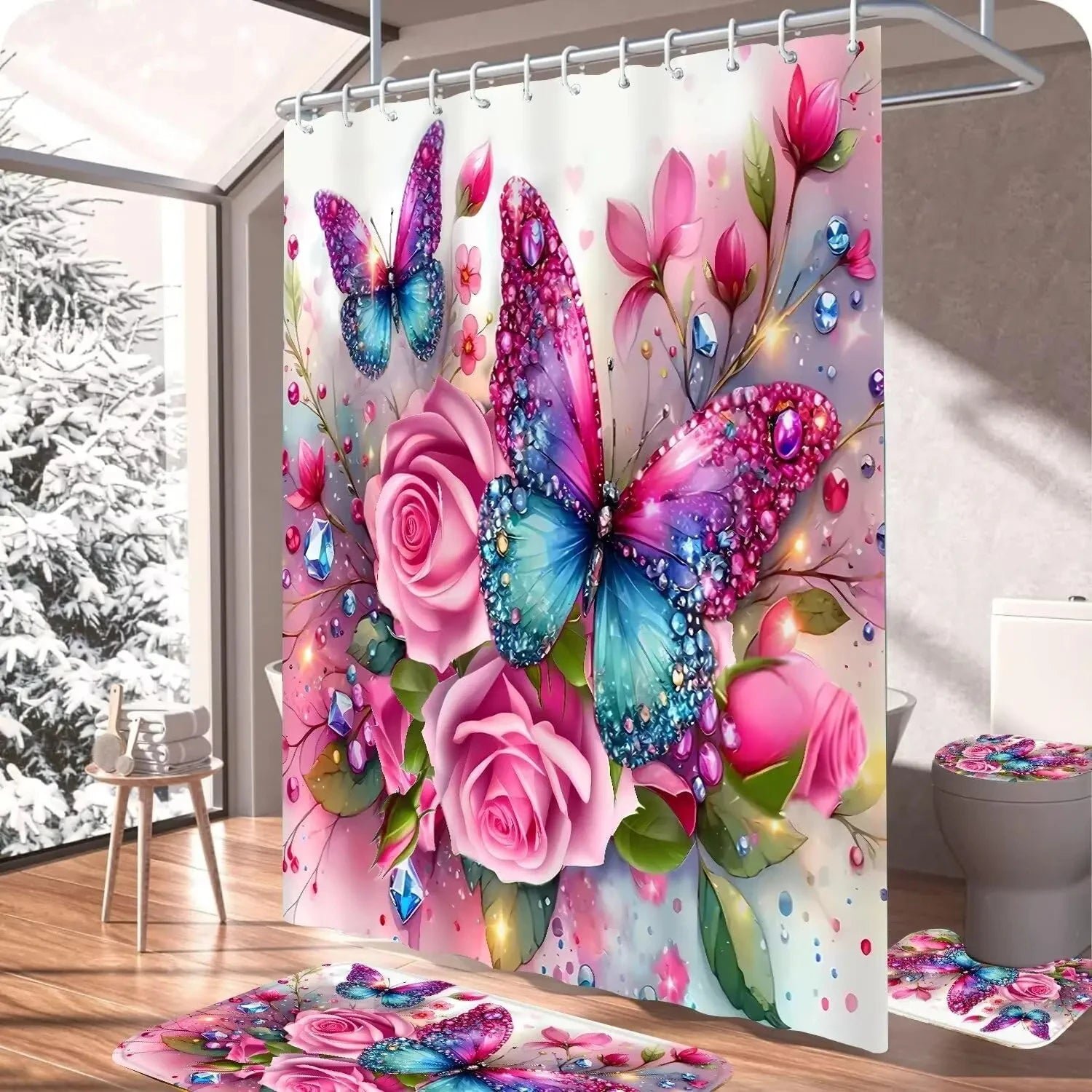 4Pc Pink Glitter Floral Shower Curtain Set Rose Bathroom Sets Butterfly Diamond Shower Curtain with 12 Hooks Bathroom Decor with - Image 4