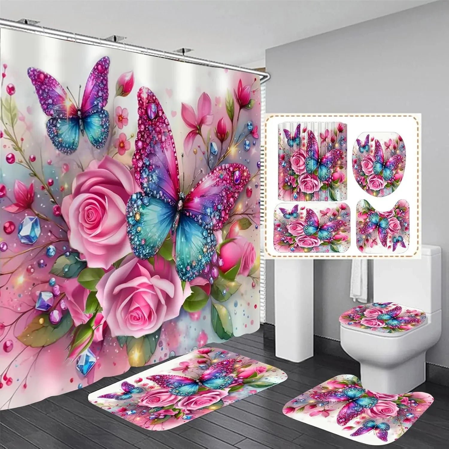 4Pc Pink Glitter Floral Shower Curtain Set Rose Bathroom Sets Butterfly Diamond Shower Curtain with 12 Hooks Bathroom Decor with - Image 9