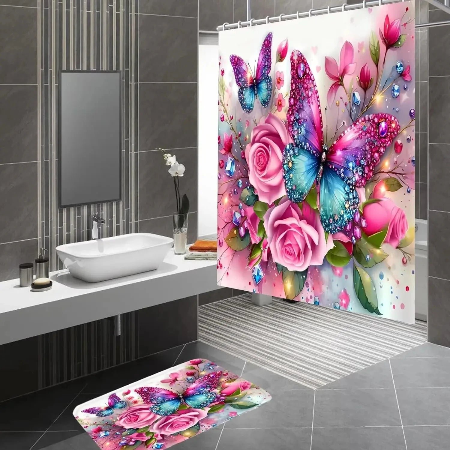 4Pc Pink Glitter Floral Shower Curtain Set Rose Bathroom Sets Butterfly Diamond Shower Curtain with 12 Hooks Bathroom Decor with - Image 2