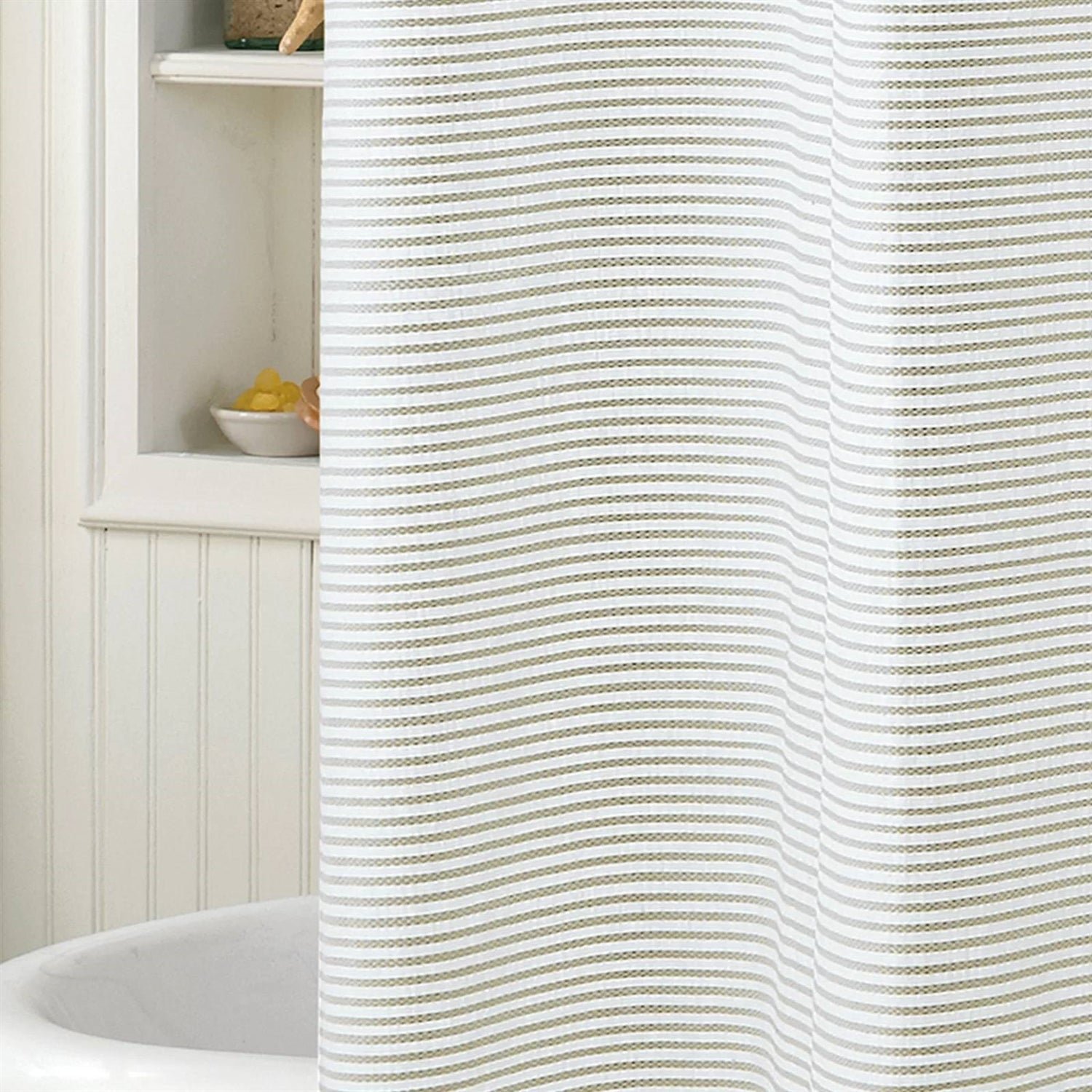 72-inch Taupe Tan and White Stripes Cotton Shower Curtain - Image 2