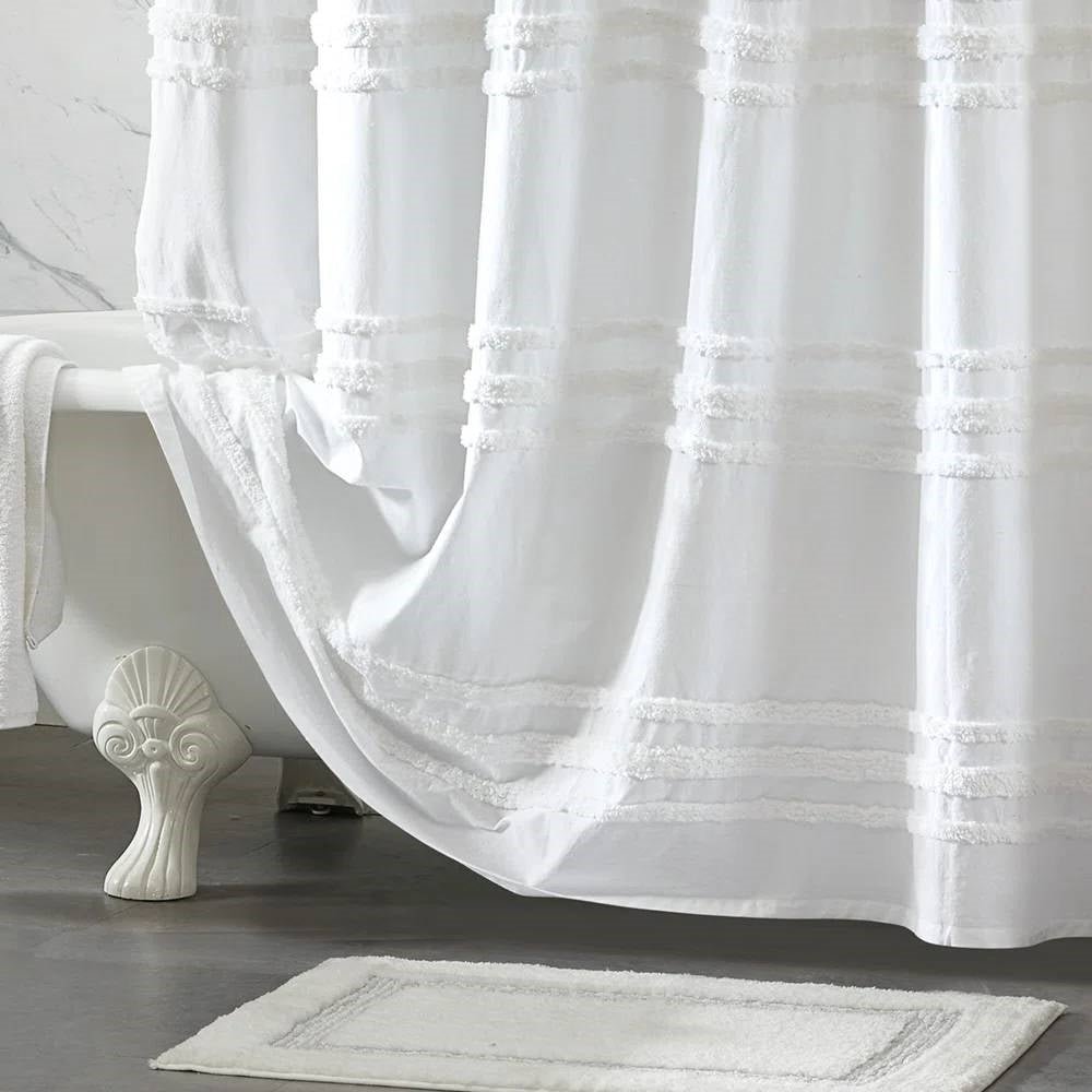 72-inch White Cotton Chenille Stripe Shower Curtain - Machine Washable - Image 2