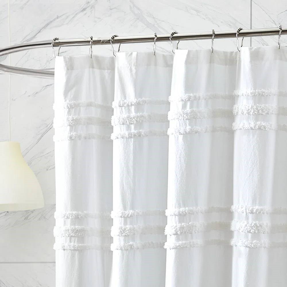 72-inch White Cotton Chenille Stripe Shower Curtain - Machine Washable - Image 3