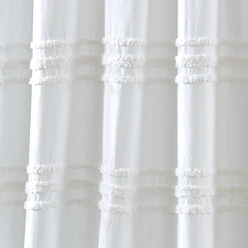 72-inch White Cotton Chenille Stripe Shower Curtain - Machine Washable - Image 4